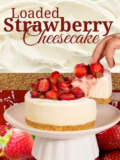 This is our Loaded Strawberry Cheesecake, a rich and creamy dessert with a crunchy graham cracker crust and a fresh strawberry topping.