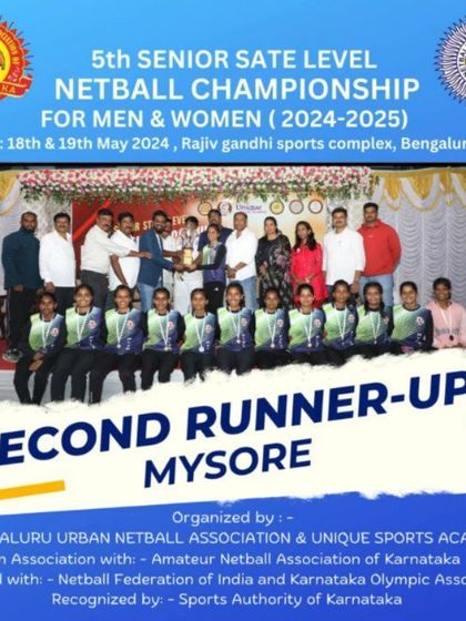 A duplicate graphic celebrating the 2nd runner-up, Mysore, at the state-level netball championship we hosted.
