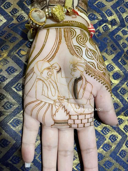 The outline of a beautiful varmala ceremony on the palm. This sketch is the blueprint for the final, detailed design.