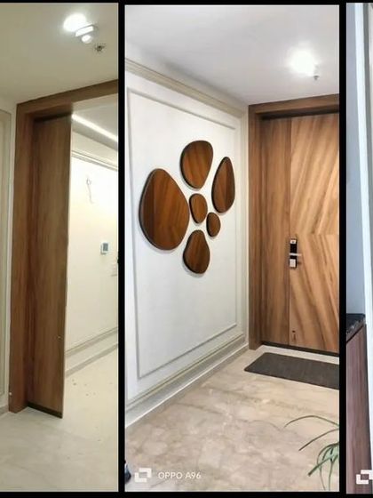 From process to final outcome, this image shows the journey of refurbishing the main door with modern diamond grooving and elegant wall paneling.