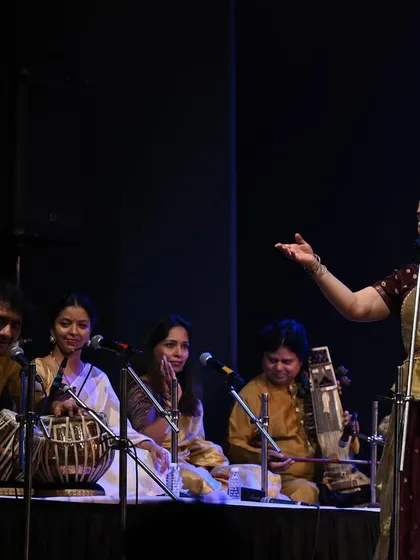 A performance is a conversation, especially with my wonderful musicians. This candid moment from the Abhiratna Awards shows the 'sawal-jawab' or question-answer session between my abhinaya and the soulful vocals and instruments of the live orchestra.