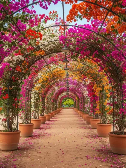 A breathtaking floral tunnel created with arches covered in multi-colored bougainvillea. This kind of statement feature is perfect for parks, event venues, or large private estates to create a memorable experience.