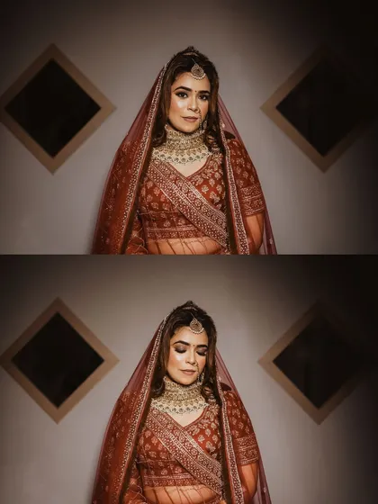 A collage of two classic bridal portraits. The lighting and composition create a timeless, elegant look that highlights the bride's beauty.