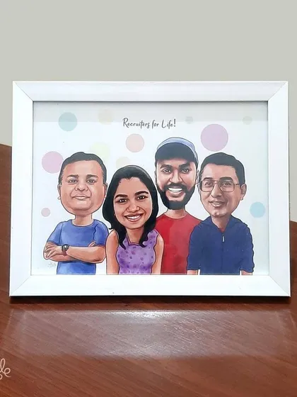 A cute group caricature for a team of 'Recruiters for Life', perfect for an office tabletop display.