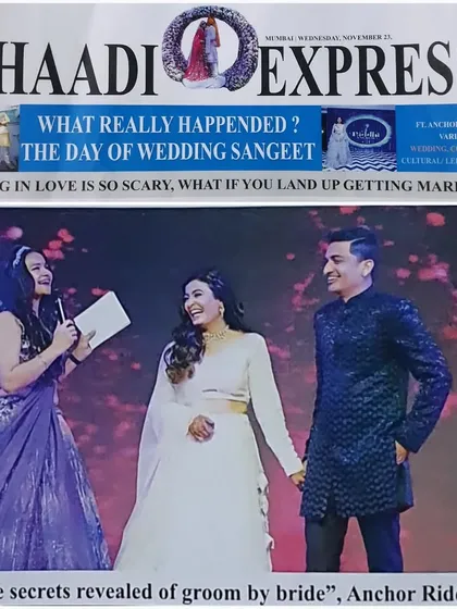 A 'Shaadi Express' newspaper feature from a Sangeet, highlighting the fun secrets revealed during the event.
