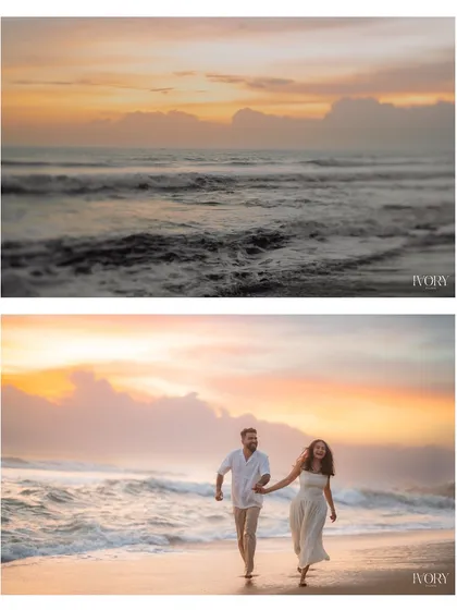 This collage captures the essence of a romantic beach pre-wedding shoot. The top frame sets the scene with a golden sunset over the ocean, while the bottom frame shows the couple walking hand-in-hand, their joy reflecting the warm, ethereal glow of the sky.