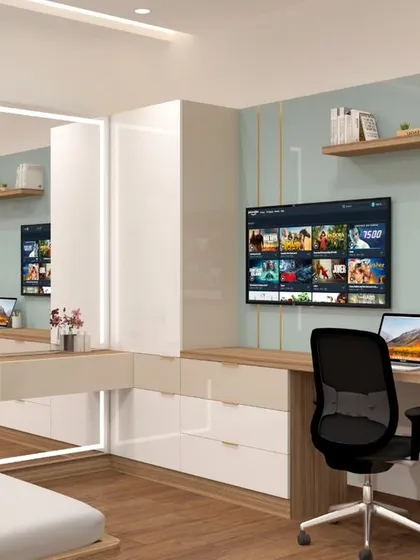 This is our solution for a combined dressing and study area in a compact bedroom. The unit features a backlit vanity mirror, drawers for cosmetics, and a dedicated desk space, all seamlessly integrated into a single piece of furniture with a two-tone finish.