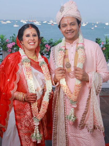 A happy couple portrait. The bride's natural makeup look is fresh, radiant, and perfect for a day wedding.