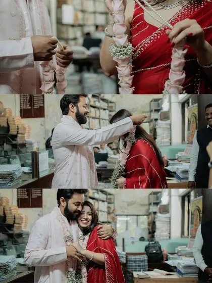 The intimate rituals inside the registrar's office. This collage captures the exchange of garlands and the first hug as a married couple, surrounded by files and officialdom, which makes it uniquely charming.