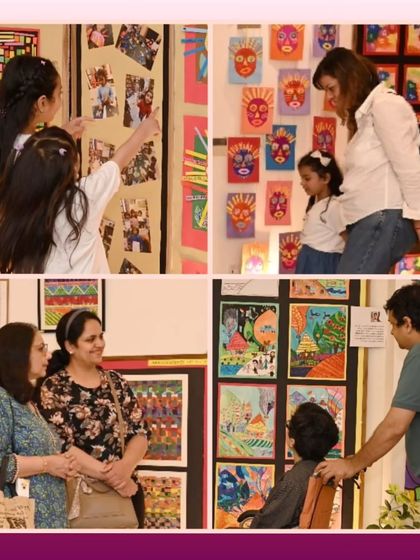 Parents, students, and guests interacting and admiring the art together. The exhibition is a true community gathering that celebrates everyone's creative journey.
