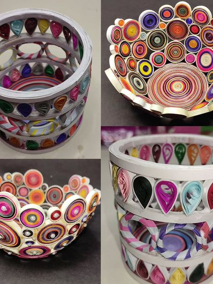 A collection of colorful paper quilling bowls and containers. Learn how to turn simple paper strips into sturdy and decorative 3D objects.
