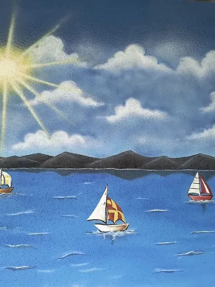 The details of the sun, clouds, and sailboats on the water.