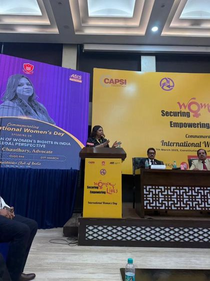 Addressing the audience at the launch of the Nari Rakshak Team on International Women's Day. I spoke on the evolution of women's rights in India from a legal perspective, emphasizing the need for both strong laws and effective implementation.
