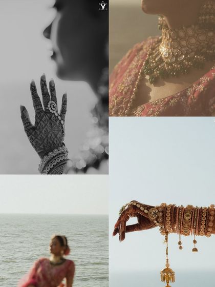 A collage of artistic details from a seaside wedding. It features a black and white profile, close-ups of the bride's mehendi-adorned hands, and her intricate jewelry, telling a story through small moments.