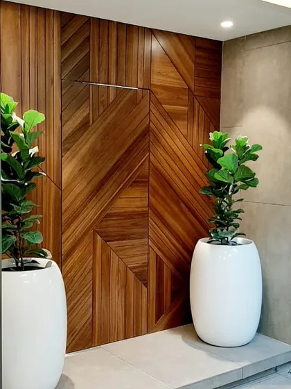 Here is an example of my corporate interior plant styling for an automation studio. I used tall, elegant Fiddle Leaf Fig trees in minimalist white planters to complement the modern, geometric wood paneling, adding a touch of nature without cluttering the professional space.