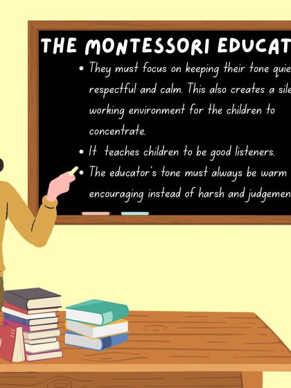 An infographic series on the importance of the educator's tone, explaining why a quiet, respectful, and encouraging voice is crucial for a child's development.