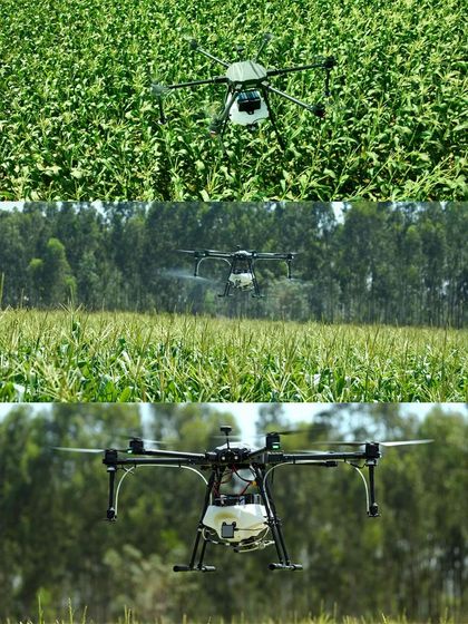 Close-up shots of an agricultural drone in mid-flight, demonstrating its spraying capabilities over a cornfield. Our dynamic footage is ideal for product demos.