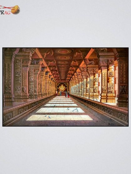 A panoramic painting by Pravin Pasare of a long temple corridor, masterfully capturing perspective and the play of light and shadow.