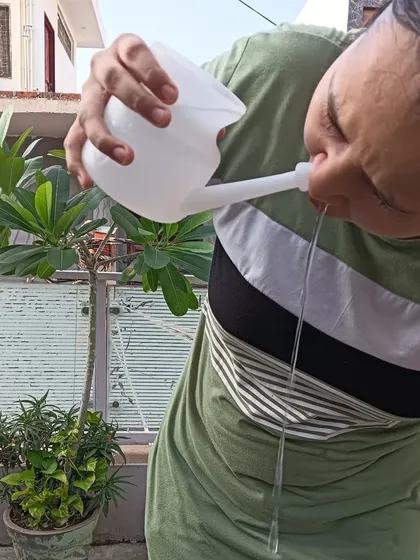 This is Jalneti, an ancient yogic cleansing technique to clear the nasal passages using warm salt water. It's amazing for sinus issues, allergies, and improving your breathing for pranayama.