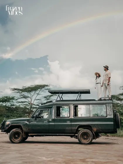 For the adventurous at heart. We captured this incredible moment for Nikita and Harshil during their pre-wedding shoot in Nairobi, Kenya, complete with a safari jeep and a rainbow. If you can dream it, we can shoot it.
