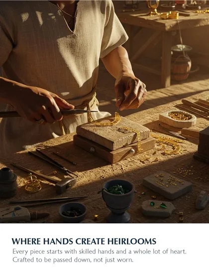 Where hands create heirlooms. Every piece starts with skilled hands and a whole lot of heart. This image captures one of my artisans at his workbench, shaping gold with traditional tools, crafting a piece to be passed down, not just worn.