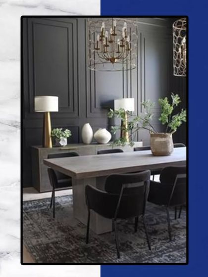 This dining room concept illustrates a more contemporary take on classic design. The dark, paneled walls create a dramatic and intimate atmosphere, perfect for formal dining.