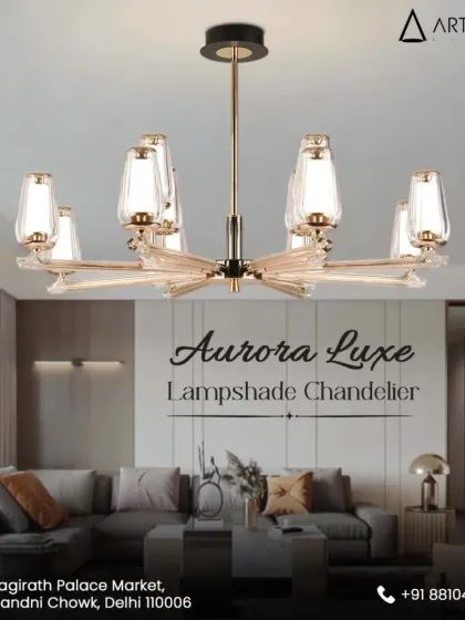 The Aurora Luxe chandelier blends classic form with modern sensibility. Its elegant glass lampshades diffuse light softly, creating a warm and inviting atmosphere ideal for sophisticated dining rooms and living spaces.