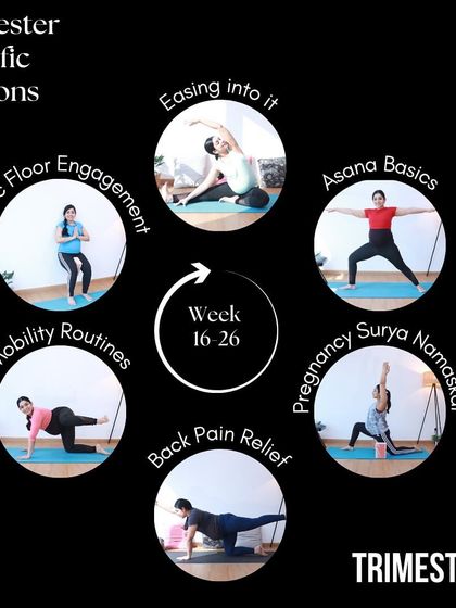 This infographic shows the focus for the second trimester, from week 16 to 26. We work on pelvic floor engagement, mobility, and back pain relief.