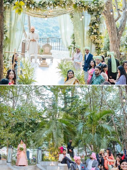 A two-part shot showing the bride's entrance and the groom waiting for her at the mandap, building a beautiful narrative.