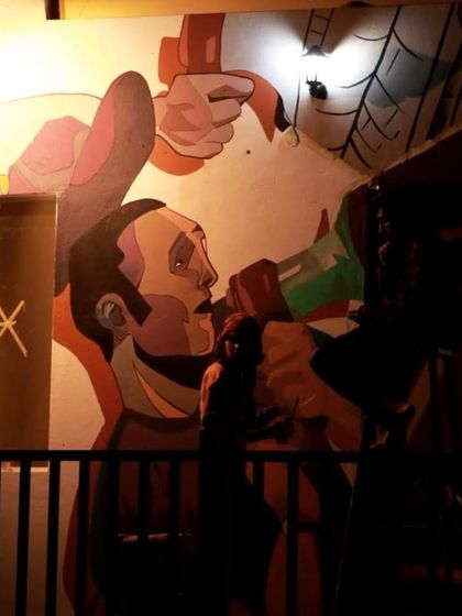 Here’s a progress shot of the KA43 Cafe mural. You can see the characters taking shape in our signature graphic illustration style, designed to fit the cafe's energetic atmosphere.