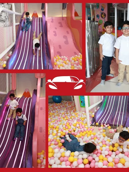 A collage of kids enjoying the slides and ball pit during a car-themed birthday party.