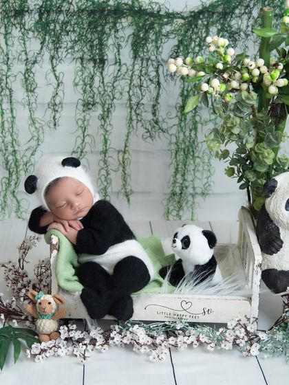 Panda-monium! This little panda is sleeping on a tiny bed, surrounded by his panda friends. The black and white theme is classic and striking.