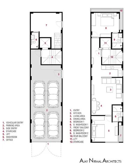 The floor plan for the Yellow Line Apartment, showing how we organized the layout on a narrow plot. Placing the staircase and lift centrally allowed for bedrooms at both ends with natural light.