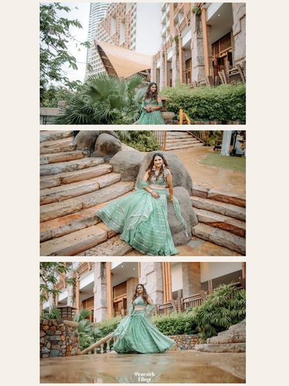 A collage of the bride in her stunning mint green lehenga, posing against the beautiful architecture and lush greenery of the venue in Pattaya.