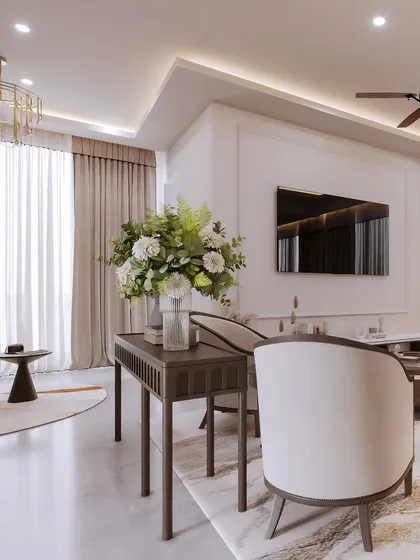 This view captures the transitional nature of the space, looking from the dining area towards a cozy seating nook. The large floral arrangement is rendered with photorealistic detail to add life to the scene.