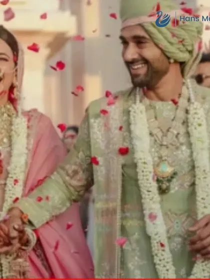 The joy on this couple's face is infectious. A beautiful Varmala moment filled with laughter and falling petals.