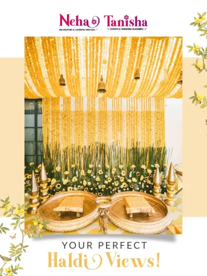 The timeless beauty of a traditional Haldi ceremony is something we cherish. We elevate this classic event with meticulous detail, using streams of marigold flowers and traditional brass elements to create a warm, inviting, and photogenic atmosphere.