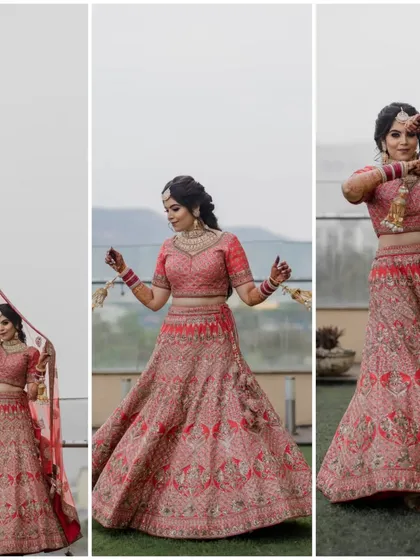 A collage of the bride in her beautiful red lehenga, striking different poses that show off her personality and the outfit's details.
