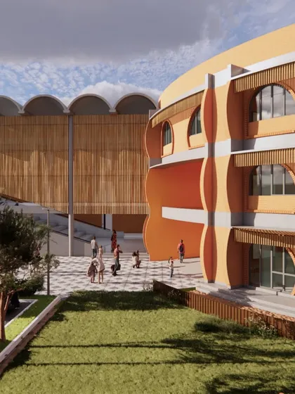 A conceptual render of the Urban Gurukul school, designed to be a space for holistic learning. The architecture uses organic forms, open corridors, and natural materials to create an environment that is both stimulating and connected to nature.