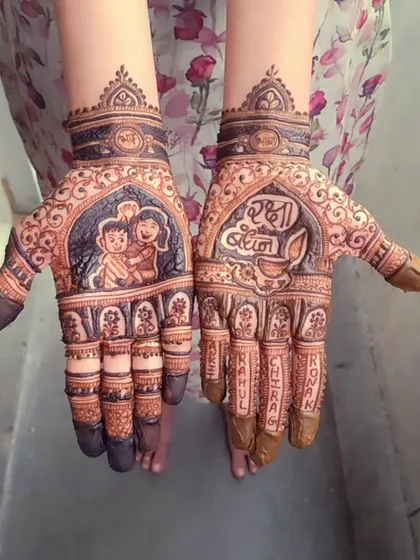 A truly personal design for Rakshabandhan. This custom piece features a portrait of a sister and her brother, with the words 'Raksha Bandhan' and a diya. The names of her brothers are carefully written on each finger.