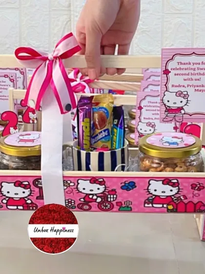 A hand holds up a 'Hello Kitty' return gift basket, showing its convenient size and charming design.