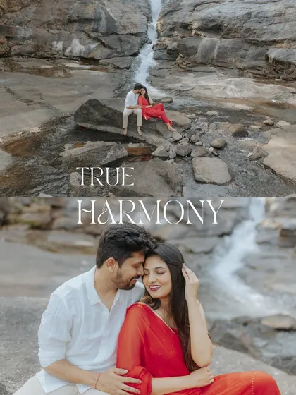 True harmony found in nature and in each other. This dual-frame image captures both a wide, scenic view and an intimate close-up from their waterfall pre-wedding session.