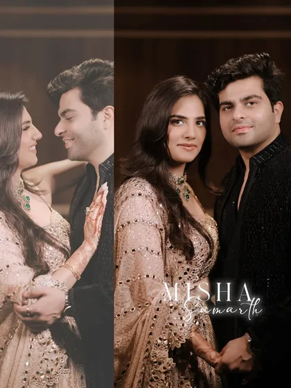 A split-screen portrait of the couple, showing both a candid, smiling interaction and a direct, posed look.
