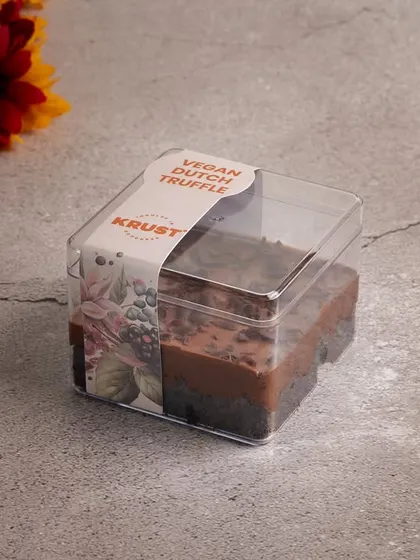 Our Vegan Dutch Truffle dessert, packaged and ready to go. It's a rich, chocolatey indulgence that you would never guess is vegan.