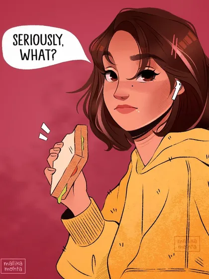 A character illustration capturing a relatable, annoyed expression while eating a sandwich. I love creating expressive characters that tell a small story, perfect for comics or social media content.