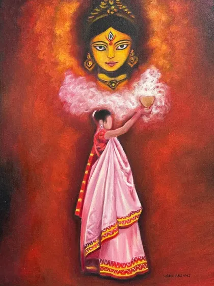 An example of the incredible work our students produce. This acrylic painting, "The Worshipper of Durga," showcases advanced techniques in color, composition, and detail that we teach in our portfolio development courses.