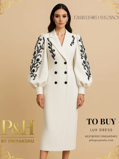 A vision of modern regality, this image showcases a model in a pristine white, double-breasted dress. The design is distinguished by its dramatic puff sleeves adorned with intricate black floral embroidery, creating a powerful silhouette that is both elegant and commanding.