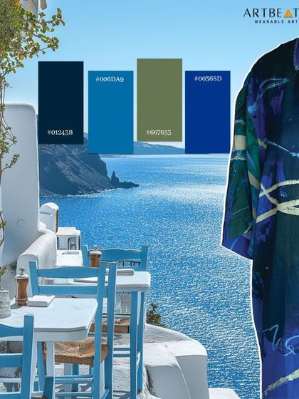The color palette of the Komorebi shirt, inspired by the serene shades of the sea. This image breaks down the blues and greens that make up the calming, abstract design.