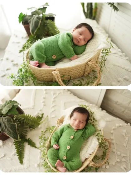 A two-photo collage showing a newborn both sleeping and smiling in the same green-themed setup. This highlights the different precious moments we can capture during a session.