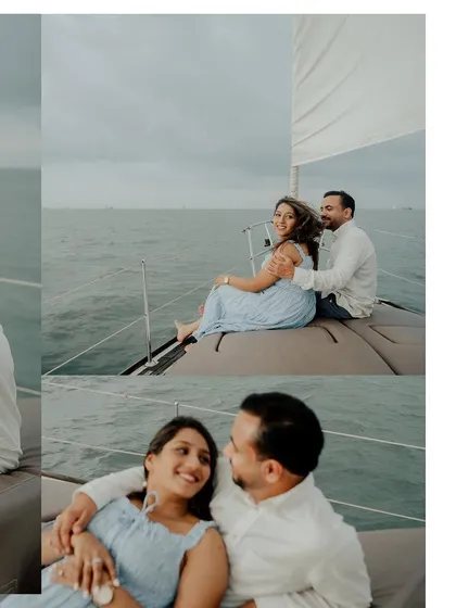 A multi-frame layout capturing various candid and relaxed moments from a Mumbai yacht pre-wedding shoot.